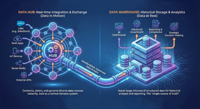 Data Hub manager real time integration while Data Warehouse serves as organized storage
