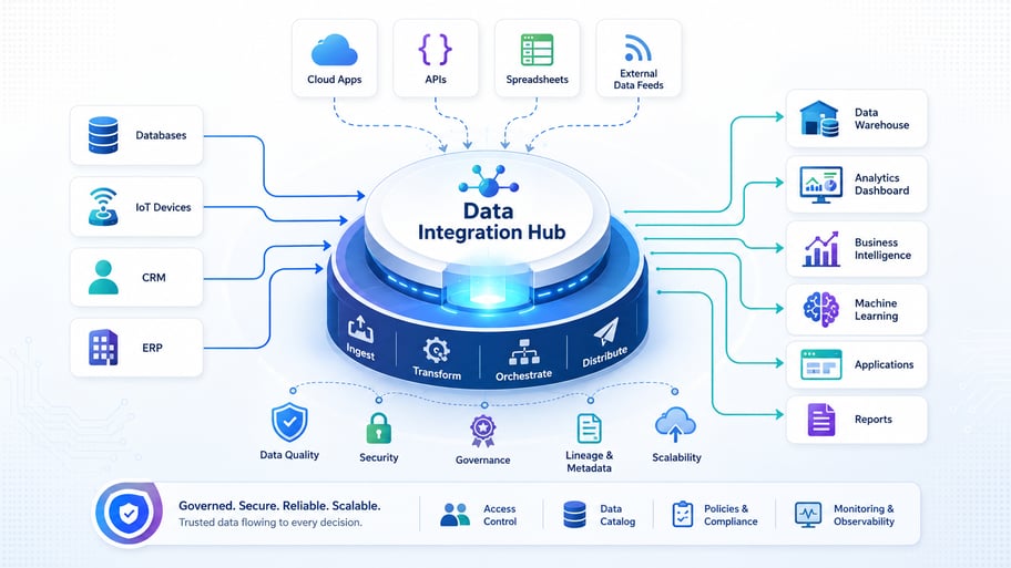 A Data Integration Hub manages data ingestion, transformation and distribution