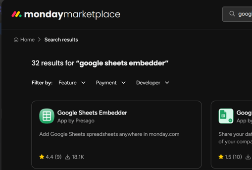 Google Sheets embed integrations for monday.com