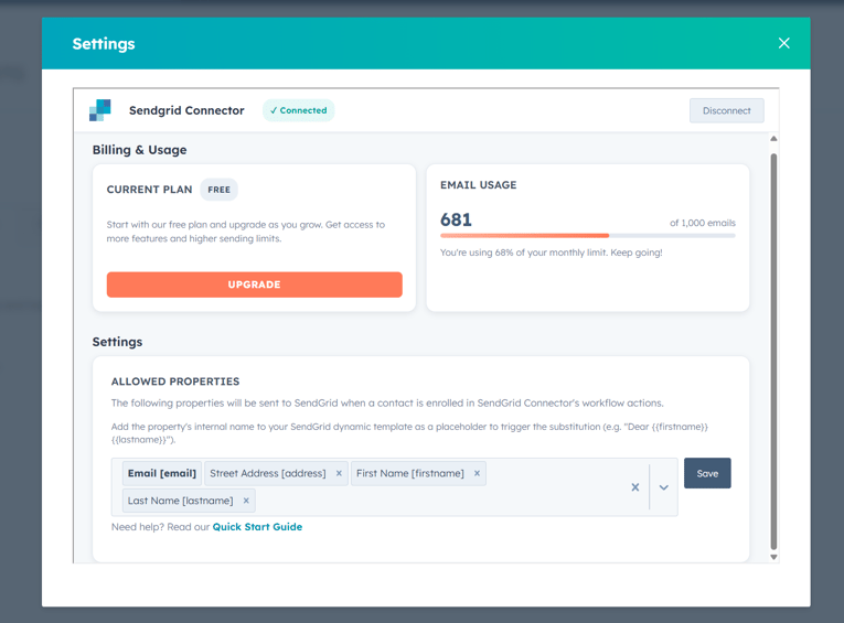 HubSpot SendGrid Connector Allowed Properties configuration