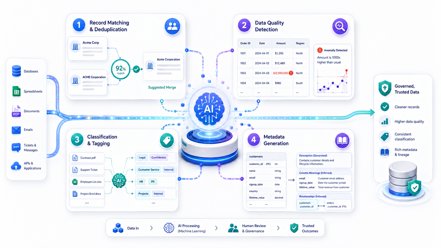 Four AI data management use cases including deduplication anomaly detection classification and metadata generation