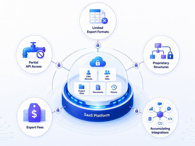 Data lock-in mechanisms in SaaS platforms including limited exports, partial APIs, proprietary structures, and integrations
