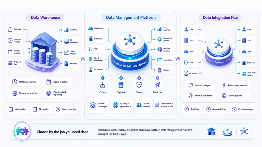 Comparison of data management platform data warehouse and data integration hub