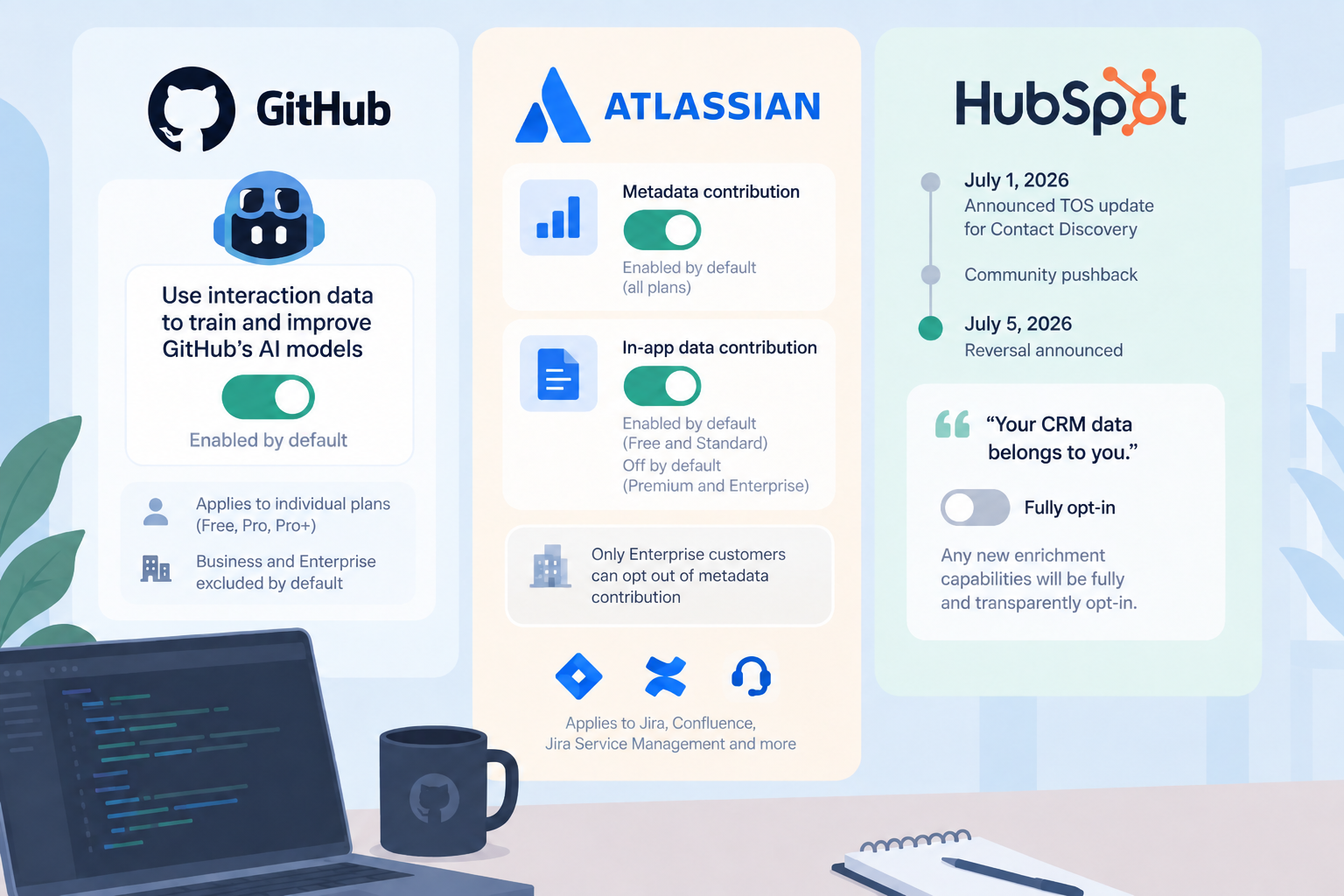 GitHub Atlassian and HubSpot customer data AI training policy comparison