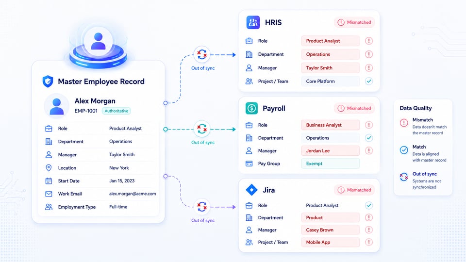 HR master data management showing inconsistent employee records across HRIS payroll and Jira