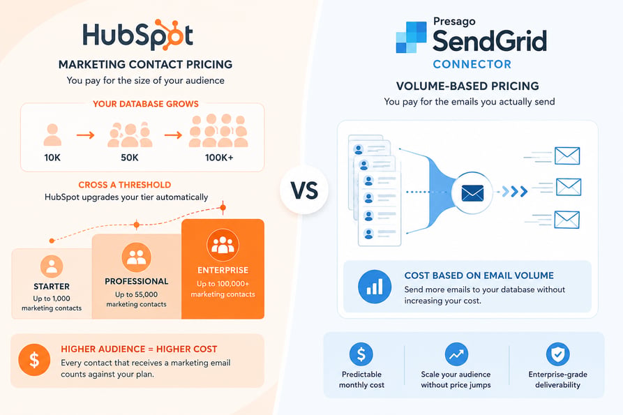 HubSpot marketing contact pricing compared with SendGrid volume-based email pricing