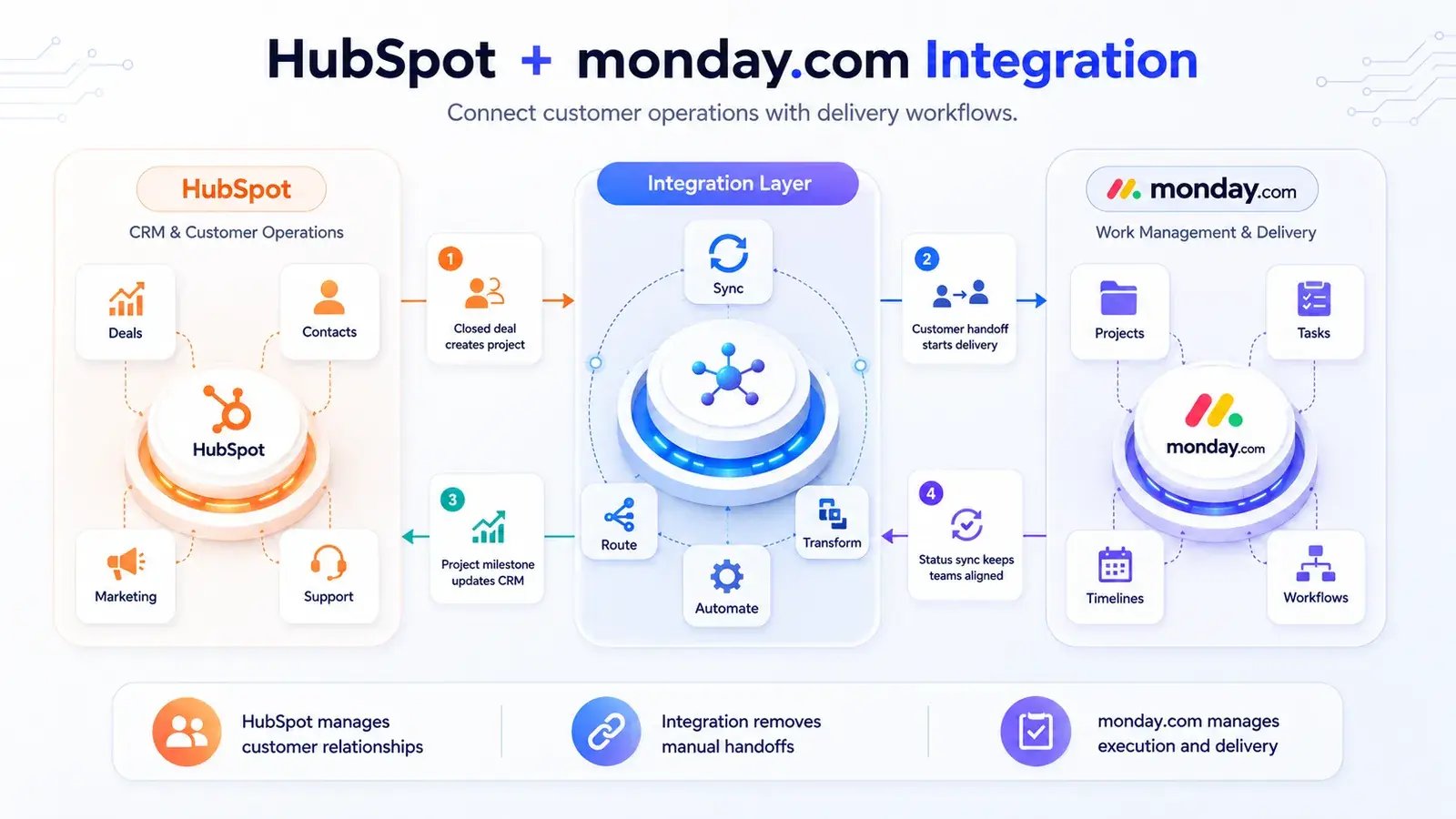 HubSpot and monday.com connected through an integration layer