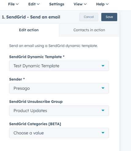 SendGrid Connector Send an email action configured in a HubSpot workflow
