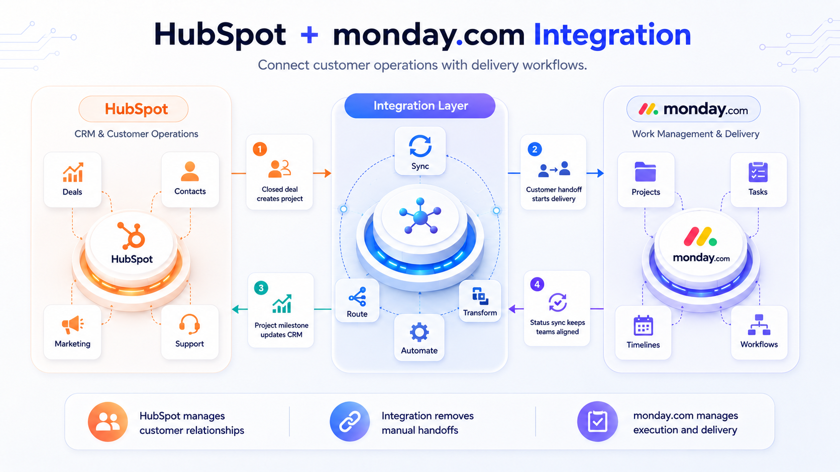 HubSpot and monday.com connected through an integration layer