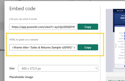 how to copy power bi embed code