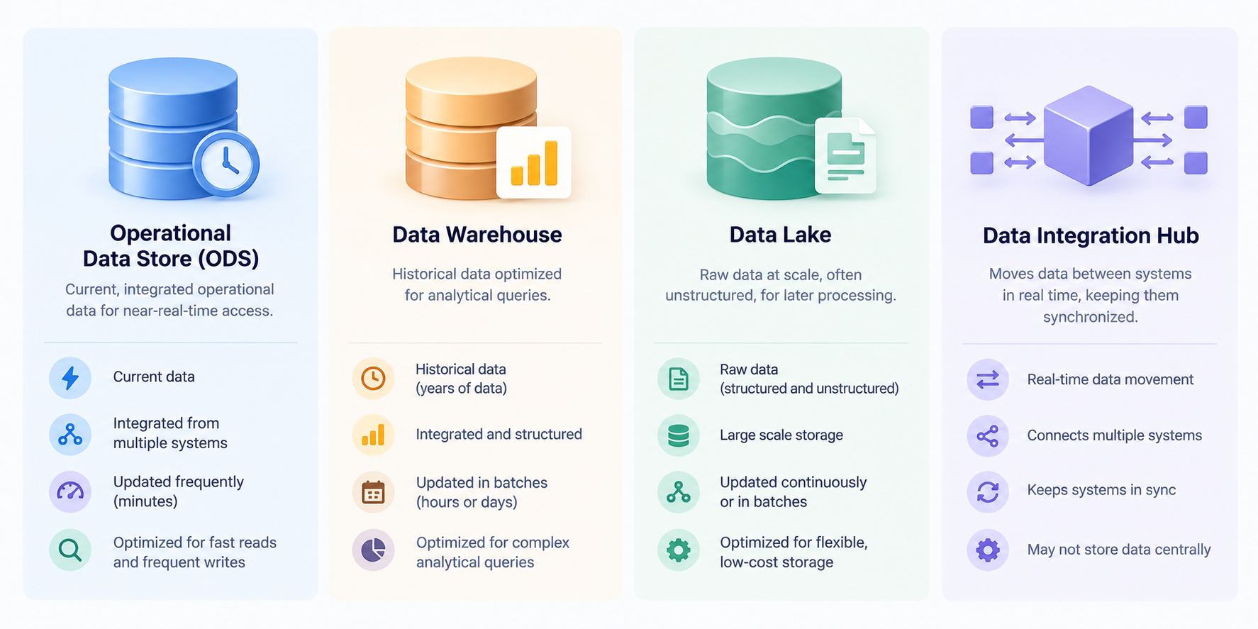 Operational data store compared with data warehouse data lake and data integration hub