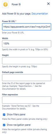 Power BI macro configuration panel in Confluence showing URL input, dimensions, filters, and display options