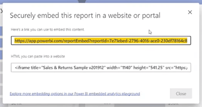 Power BI secure embed URL and iframe code for embedding in Confluence