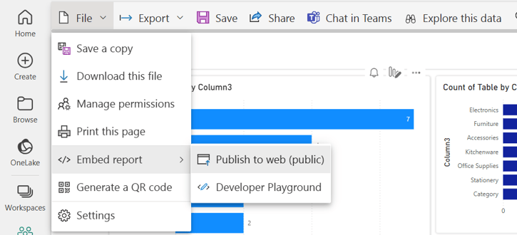 Power BI Embed report menu with Publish to web option for embedding in Confluence